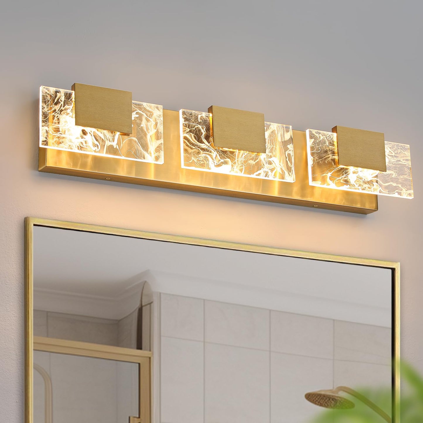LED Bathroom Vanity Light: 24 inch Brushed Gold Acrylic Modern Lighting Fixtures - 3 Lights Contemporary Smoke Design Wall Lights Fixture Over Mirror 3000K