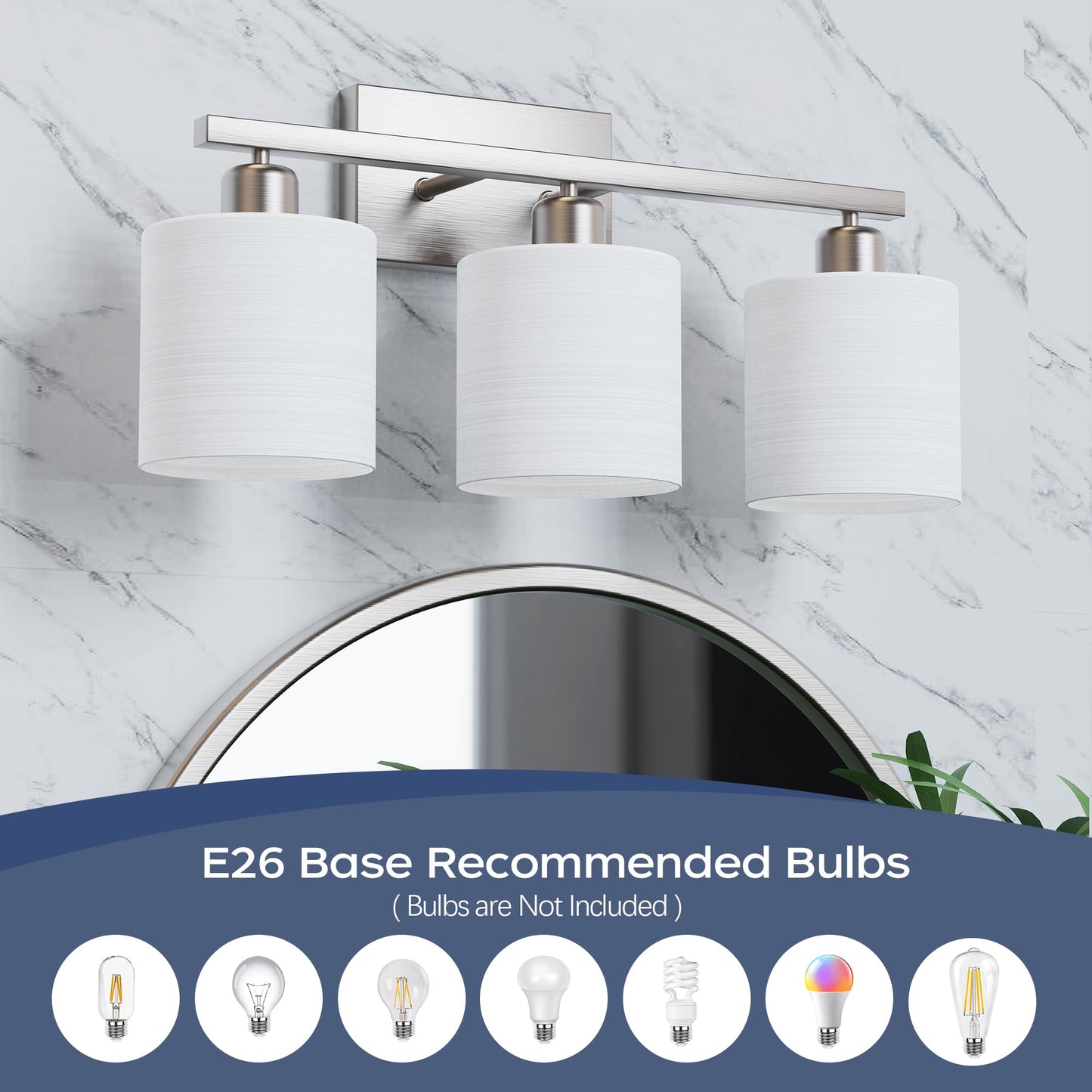PARTPHONER Bathroom Light Fixtures, Bathroom Lighting Fixtures Over Mirror, Interior Classic Vanity Lights, Modern Bathroom Vanity Light with Textured White Glass Shade, Brushed Nickel, 3-Light