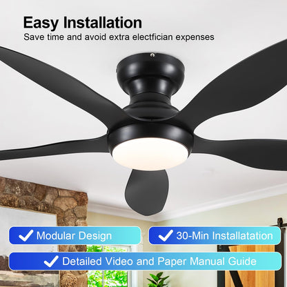 Ceiling Fans with Lights, 51 inch Modern Black Low Profile Ceiling Fan with Light and Remote App Control, Flush Mount, Quiet DC Reversible, Dim Led Ceiling Fan 6 Blade Softer Wind Indoor/Outdoor Patio