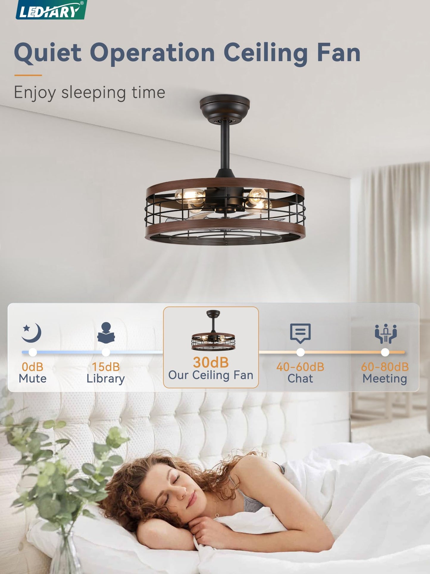 LEDIARY 16.5 inch Black Caged Ceiling Fan with Light, Fandelier Industrial Ceiling Fan with Remote, Farmhouse Fan Lights Ceiling Fixtures for Kitchen, Bedroom, Outdoor（6 Speed, Timing）-Black