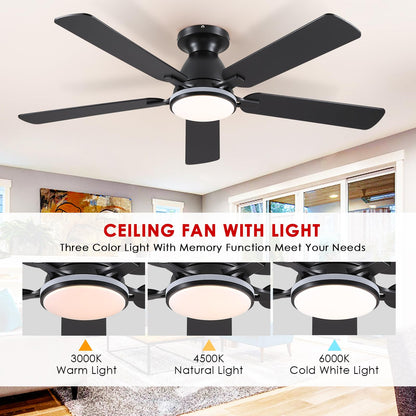 Ceiling Fans with Lights- 52" Low Profile Indoor Ceiling Fan with Light and Remote/APP Control, Flush Mount, LED Dimmable DC Reversible Modern Ceiling Fan for Bedroom（Black）