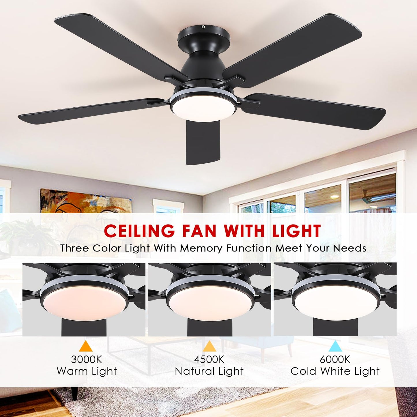 Ceiling Fans with Lights- 46" Low Profile Indoor Ceiling Fan with Light and Remote/APP Control, Flush Mount, LED Dimmable DC Reversible Modern Ceiling Fan for Bedroom（Black）