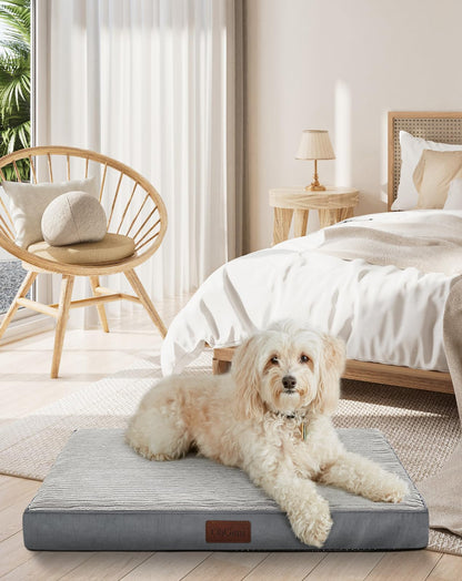 OhGeni 35 Inch Orthopedic Waterproof & Machine Washable Dog Bed for Medium Large Pets, Suitable for Crates, 25D Egg Crate Foam, Non-Slip Bottom & Removable Cover, Invisible Zipper(Gray)