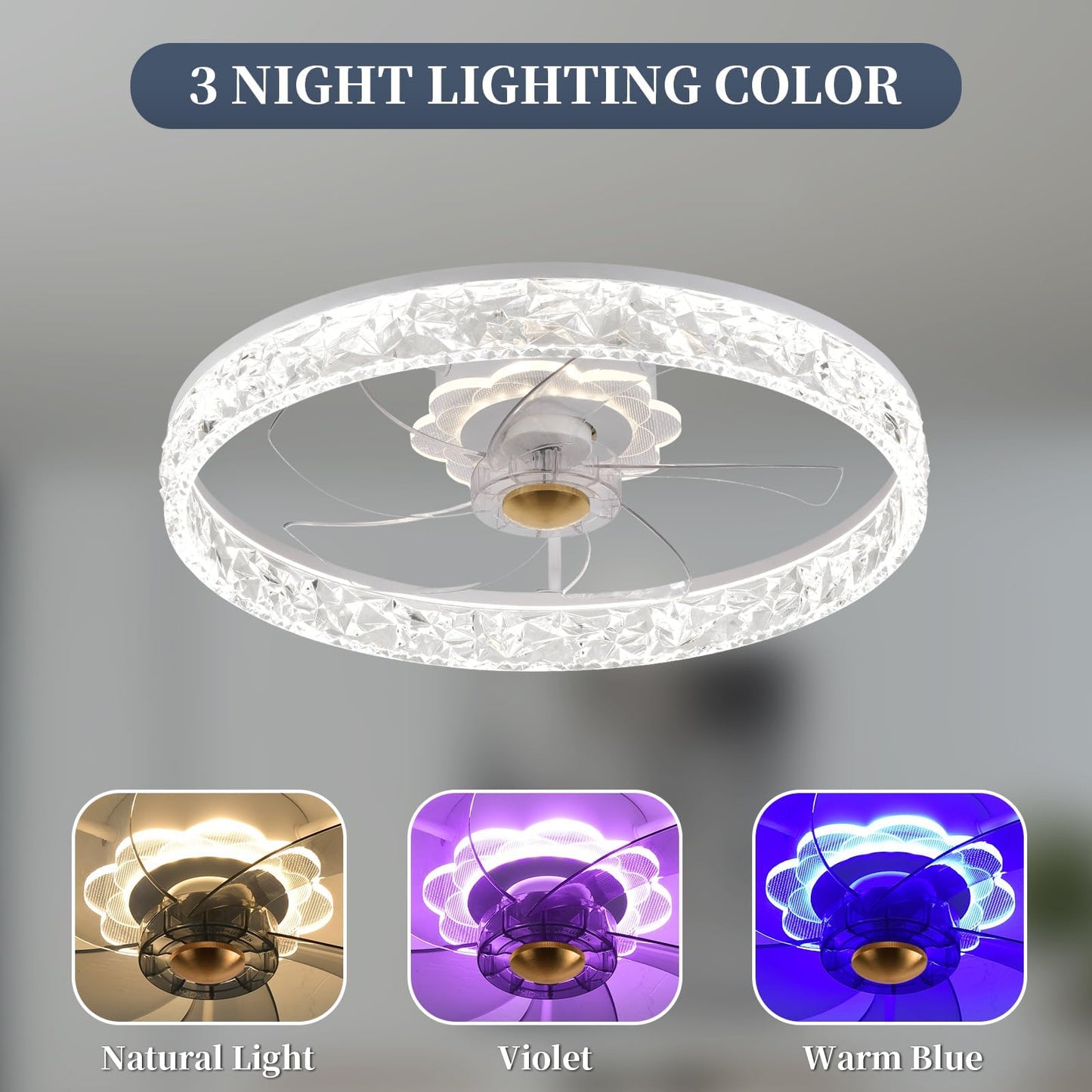 20‘’ Ceiling Fan with Light, Upgraded Low Profile Fan, Flush Mount Ceiling Fan, 6 Speeds, Dimmable LED, App & Remote Control, Quiet DC Motor, for Bedroom, Living Room, F115 White
