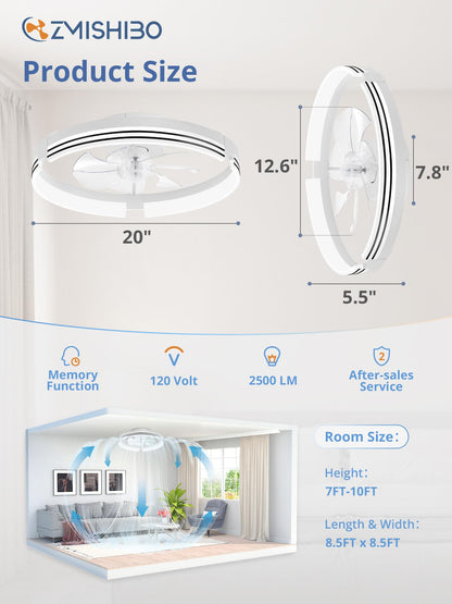 Low Profile Ceiling Fans with Lights and Remote, 20 Inch Flush Mount Ceiling Fan with Light, 3000K-6000K Dimmable Fandelier LED Fan Light, 6 Wind Speeds Black Ceiling Fans for Bedroom