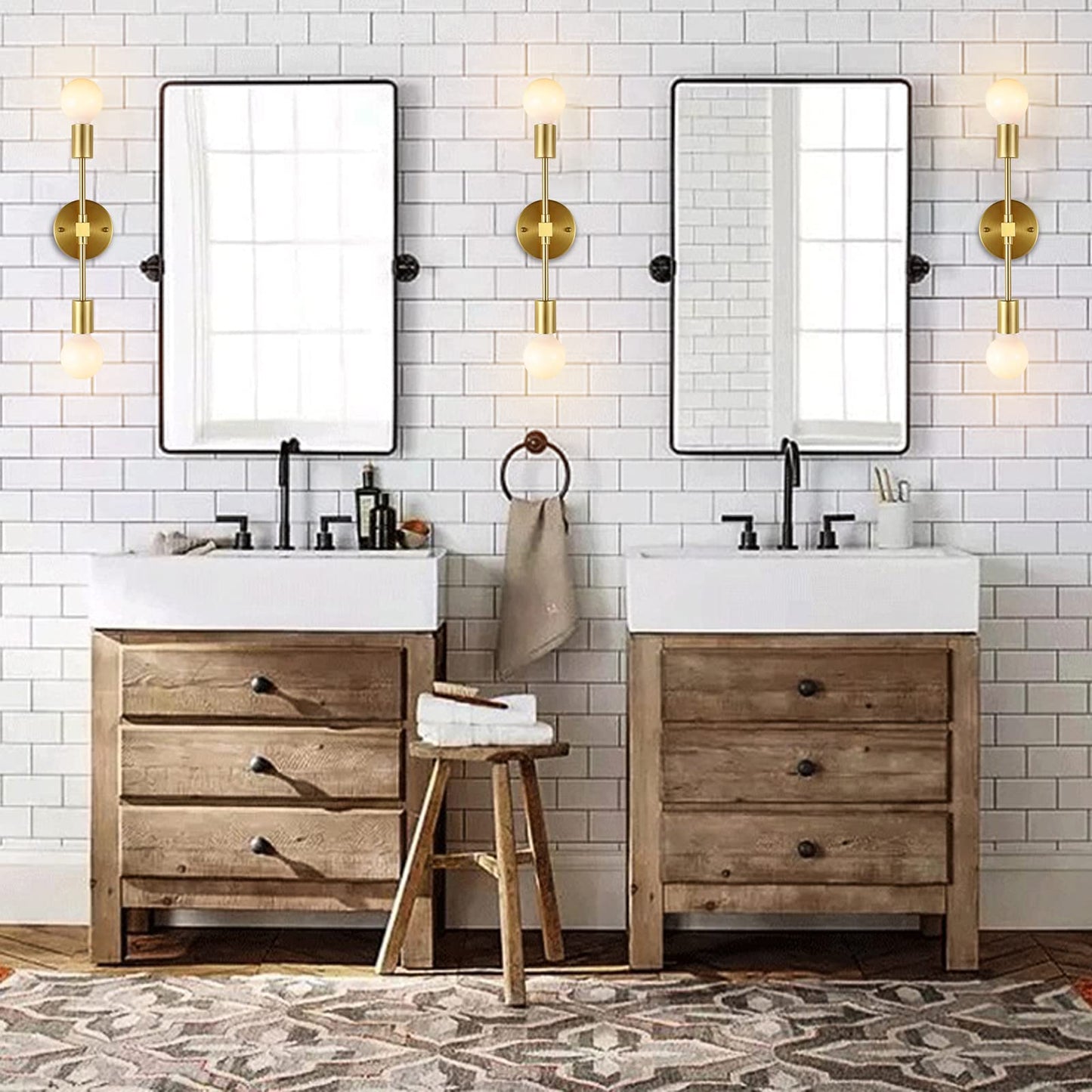 2 Lights Bathroom Wall Sconce Vanity Modern Industrial Wall Lamp Pole Wall Mount Lighting Fixture（Gold/Black Color）
