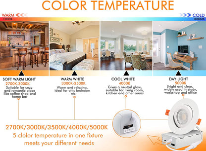 Cloudy Bay Eyeball 5 Color 4 inch Gimbal LED Recessed Light with Junction Box,9.5W CRI90+ 2700K/3000K/3500K/4000K/5000K Selectable,Dimmable Canless Ceiling Spot Light,Damp Location,Black,Pack of 6