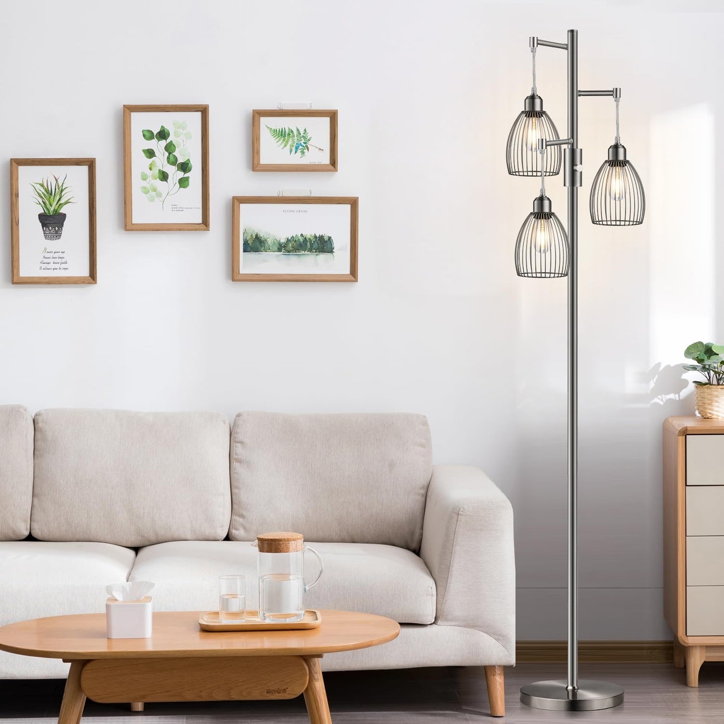 Dimmable Industrial Floor Lamps for Living Room, Gold Tree Standing Tall Lamps with 3 Elegant Teardrop Cage Head & 800 Lumens LED Bulbs for Bedroom Office