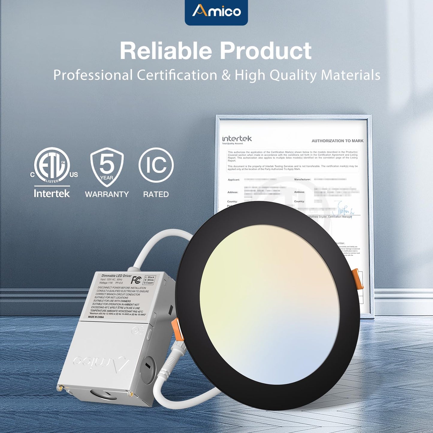 Amico 6 Pack 6 Inch 5CCT Ultra-Thin LED Recessed Ceiling Light with Junction Box, 2700K/3000K/3500K/4000K/5000K Selectable, 12W Eqv 110W 1050LM Brightness Dimmable Canless Wafer Downlight, ETL & FCC