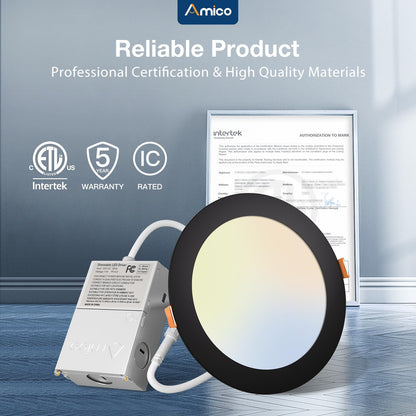 Amico 6 Pack 6 Inch 5CCT Ultra-Thin LED Recessed Ceiling Light with Junction Box, 2700K/3000K/3500K/4000K/5000K Selectable, 12W Eqv 110W 1050LM Brightness Dimmable Canless Wafer Downlight, ETL & FCC