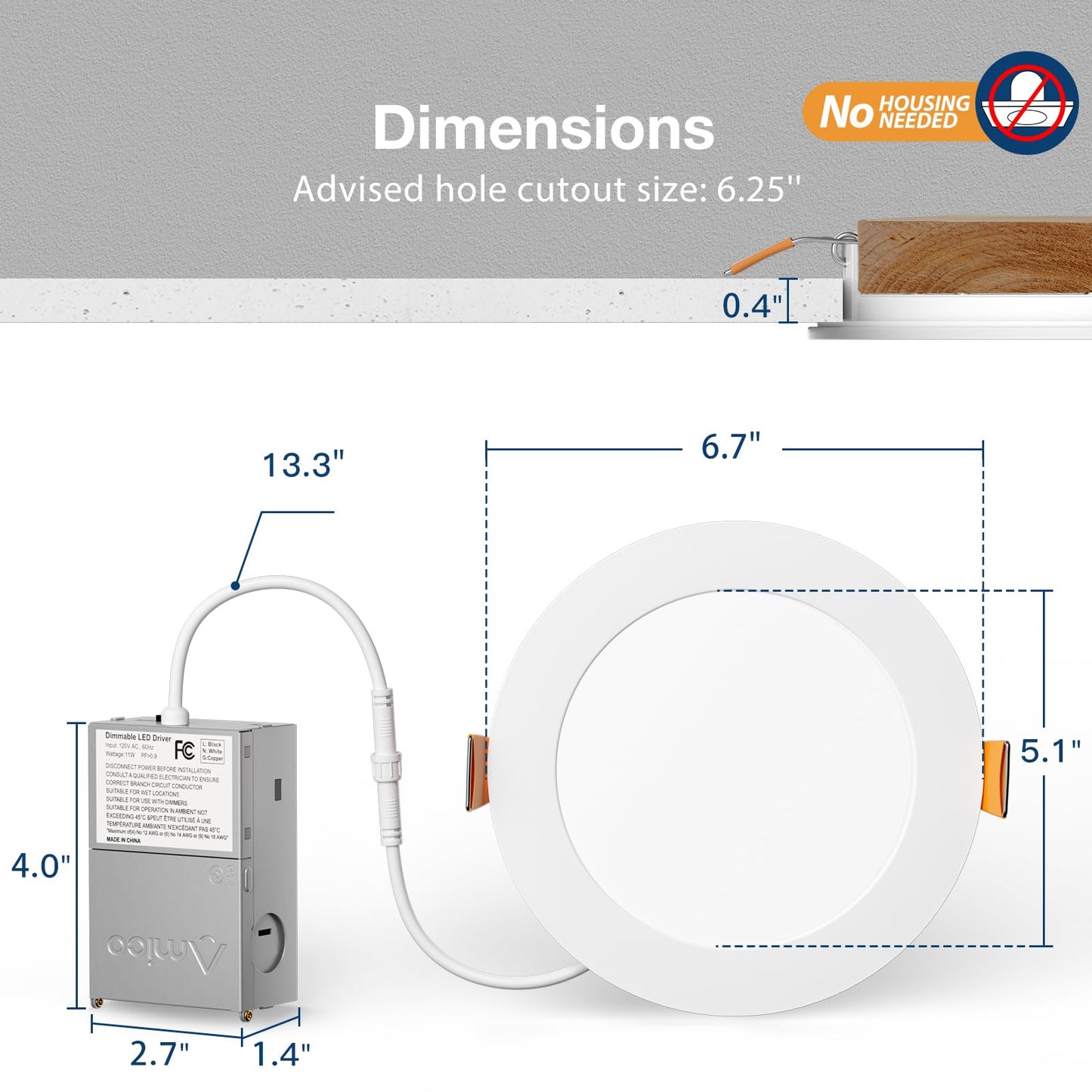 Amico 6 Pack 6 Inch 5CCT Ultra-Thin LED Recessed Ceiling Light with Junction Box, 2700K/3000K/3500K/4000K/5000K Selectable, 12W Eqv 110W 1050LM Brightness Dimmable Canless Wafer Downlight, ETL & FCC