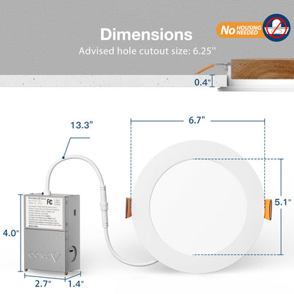 Amico 6 Pack 6 Inch 5CCT Ultra-Thin LED Recessed Ceiling Light with Junction Box, 2700K/3000K/3500K/4000K/5000K Selectable, 12W Eqv 110W 1050LM Brightness Dimmable Canless Wafer Downlight, ETL & FCC