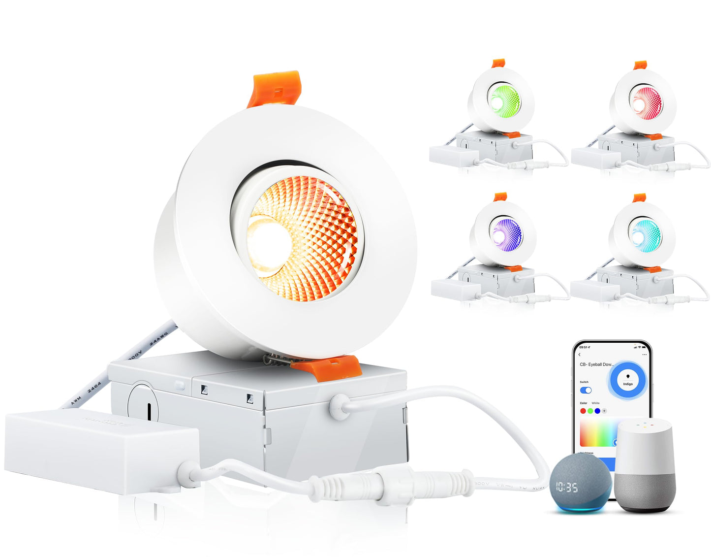Cloudy Bay Eyeball 5 Color 4 inch Gimbal LED Recessed Light with Junction Box,9.5W CRI90+ 2700K/3000K/3500K/4000K/5000K Selectable,Dimmable Canless Ceiling Spot Light,Damp Location,Black,Pack of 6