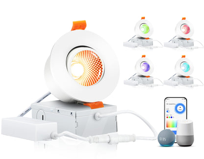 Cloudy Bay Eyeball 5 Color 4 inch Gimbal LED Recessed Light with Junction Box,9.5W CRI90+ 2700K/3000K/3500K/4000K/5000K Selectable,Dimmable Canless Ceiling Spot Light,Damp Location,Black,Pack of 6