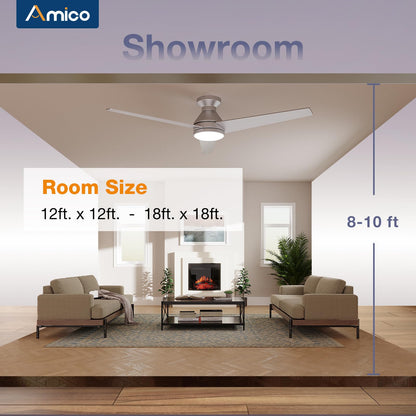 Amico Ceiling Fans with Lights, 42 inch Low Profile Ceiling Fan with Light and Remote Control, Flush Mount, Reversible, 3CCT, Dimmable, Noiseless, White Ceiling Fan for Bedroom, Indoor/Outdoor Use