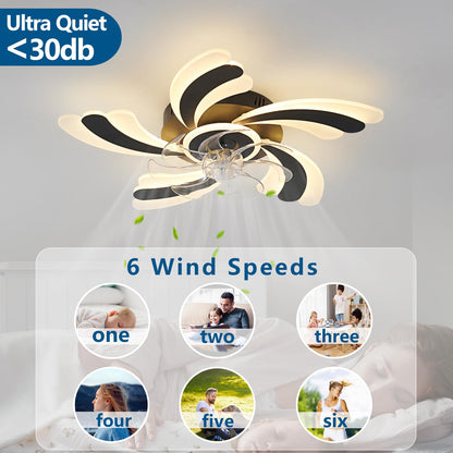 Ceiling Fan with Lights Remote Control, 24" Black, 6 Speeds 3 Light Color Low Profile Flush Mount Ceiling Fan for Kitchen Bedroom