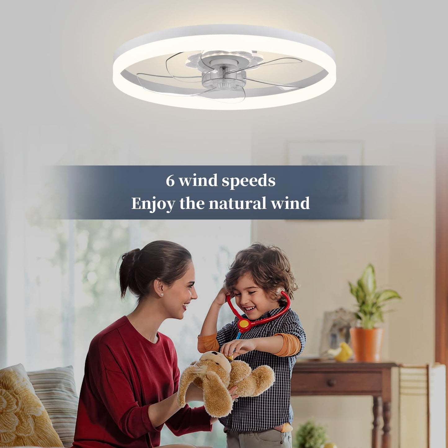 20‘’ Ceiling Fan with Light, Upgraded Low Profile Fan, Flush Mount Ceiling Fan, 6 Speeds, Dimmable LED, App & Remote Control, Quiet DC Motor, for Bedroom, Living Room, F115 White