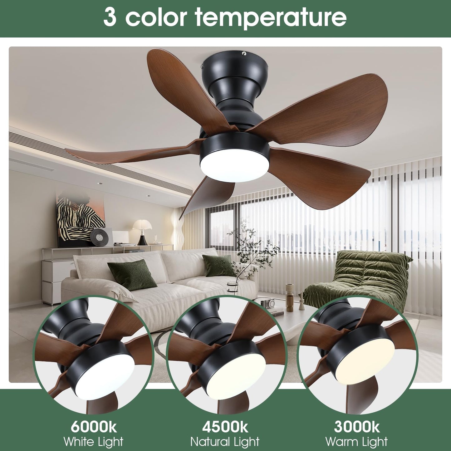 Ceiling Fans with Lights and Remote/APP Control, 30 inch Low Profile Ceiling Fans with 5 Reversible Blades 3 Colors Dimmable 6 Speeds Ceiling Fan for Bedroom Kids Room Dining Room, Black