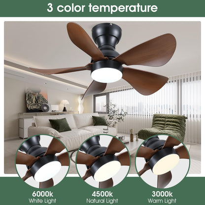 Ceiling Fans with Lights and Remote/APP Control, 30 inch Low Profile Ceiling Fans with 5 Reversible Blades 3 Colors Dimmable 6 Speeds Ceiling Fan for Bedroom Kids Room Dining Room, Black