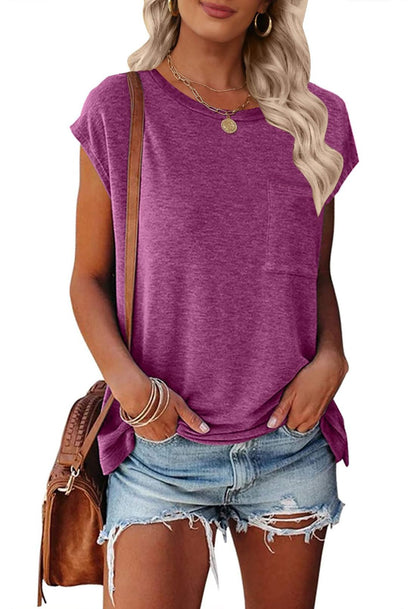 MEROKEETY Women's Casual Cap Sleeve T Shirts Basic Summer Tops Loose Solid Color Blouse