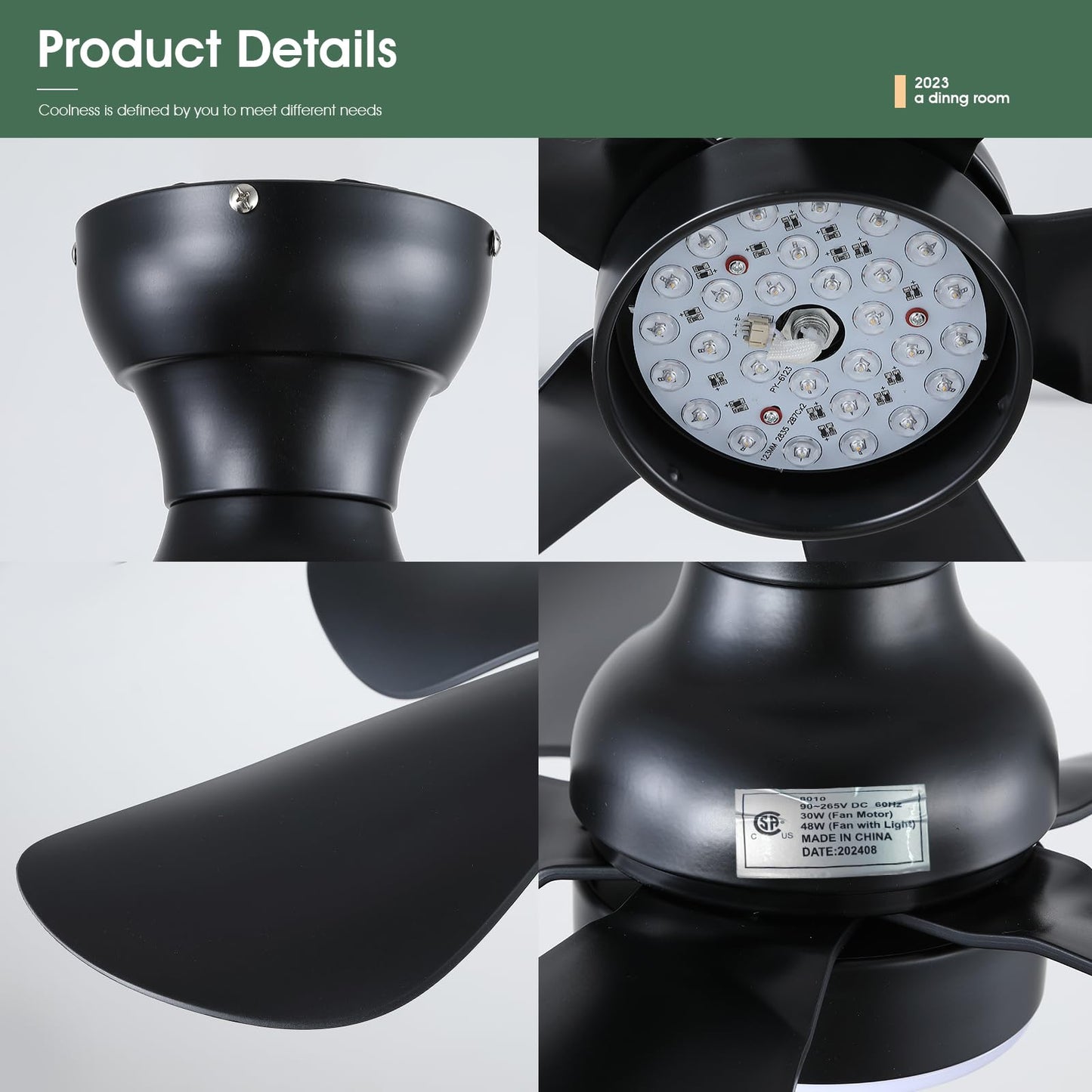 Ceiling Fans with Lights and Remote/APP Control, 30 inch Low Profile Ceiling Fans with 5 Reversible Blades 3 Colors Dimmable 6 Speeds Ceiling Fan for Bedroom Kids Room Dining Room, Black