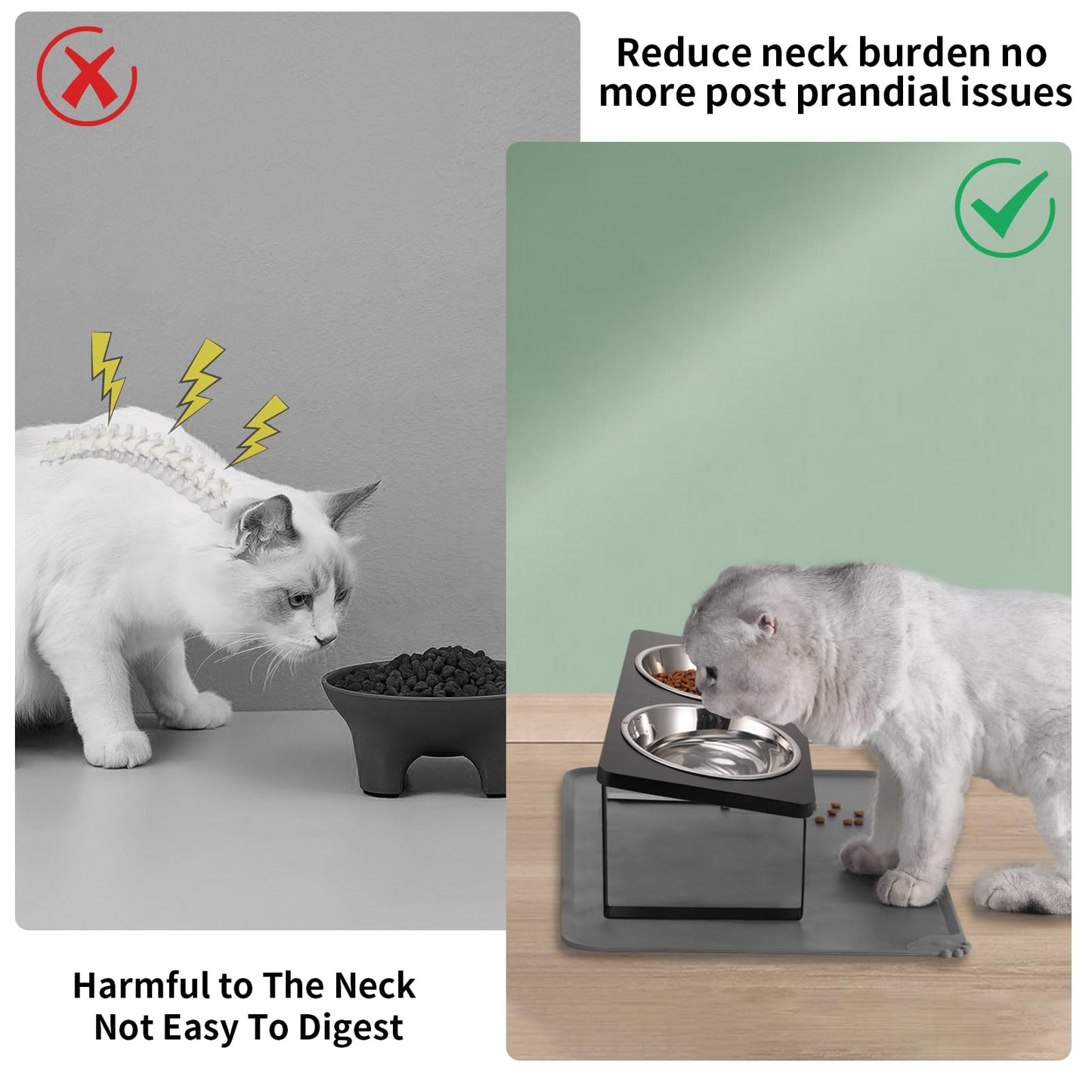 Upgraded Elevated Cat Bowls with Food Mat,15°Tilted Stand Anti Vomiting Raised Cat Dishes for Food and Water,2 Stainless Steel Bowls for Cats and Puppy