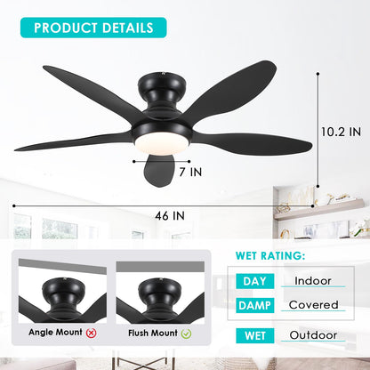 Ceiling Fans with Lights, 51 inch Modern Black Low Profile Ceiling Fan with Light and Remote App Control, Flush Mount, Quiet DC Reversible, Dim Led Ceiling Fan 6 Blade Softer Wind Indoor/Outdoor Patio