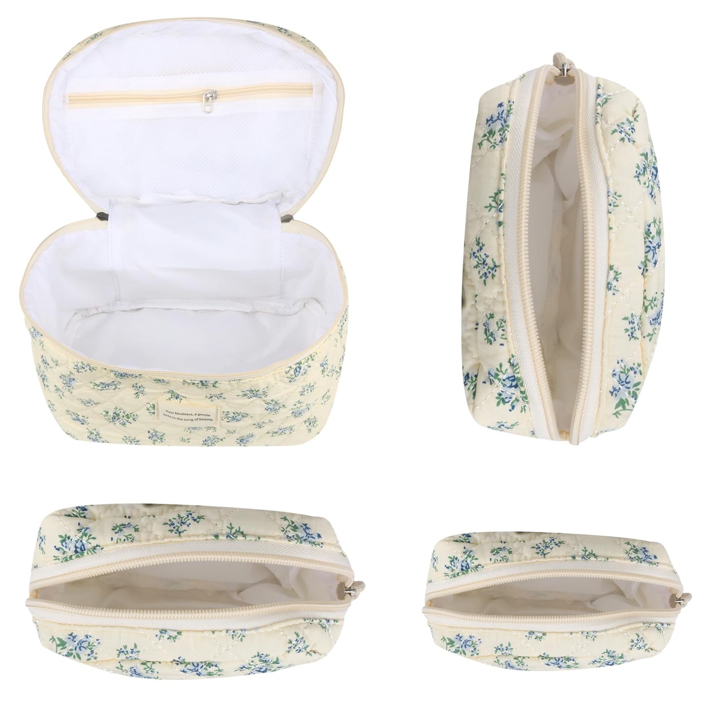 Cute Makeup Bag for Women(2 Pcs), Travel Cosmetic Bags, Quilted Coquette Aesthetic Floral Toiletry Organizer Bag (NavyBlue Flower)