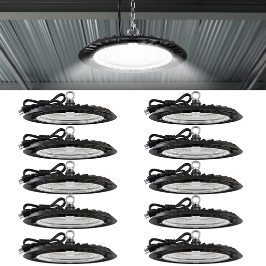 Sunco 10 Pack UFO LED High Bay Light, Plug & Play Lighting for Warehouse, 5000K Daylight, 150W, Power Cord Included, 19500 LM, 120VAC, IP65 Waterproof Shatterproof Fixture - UL Listed