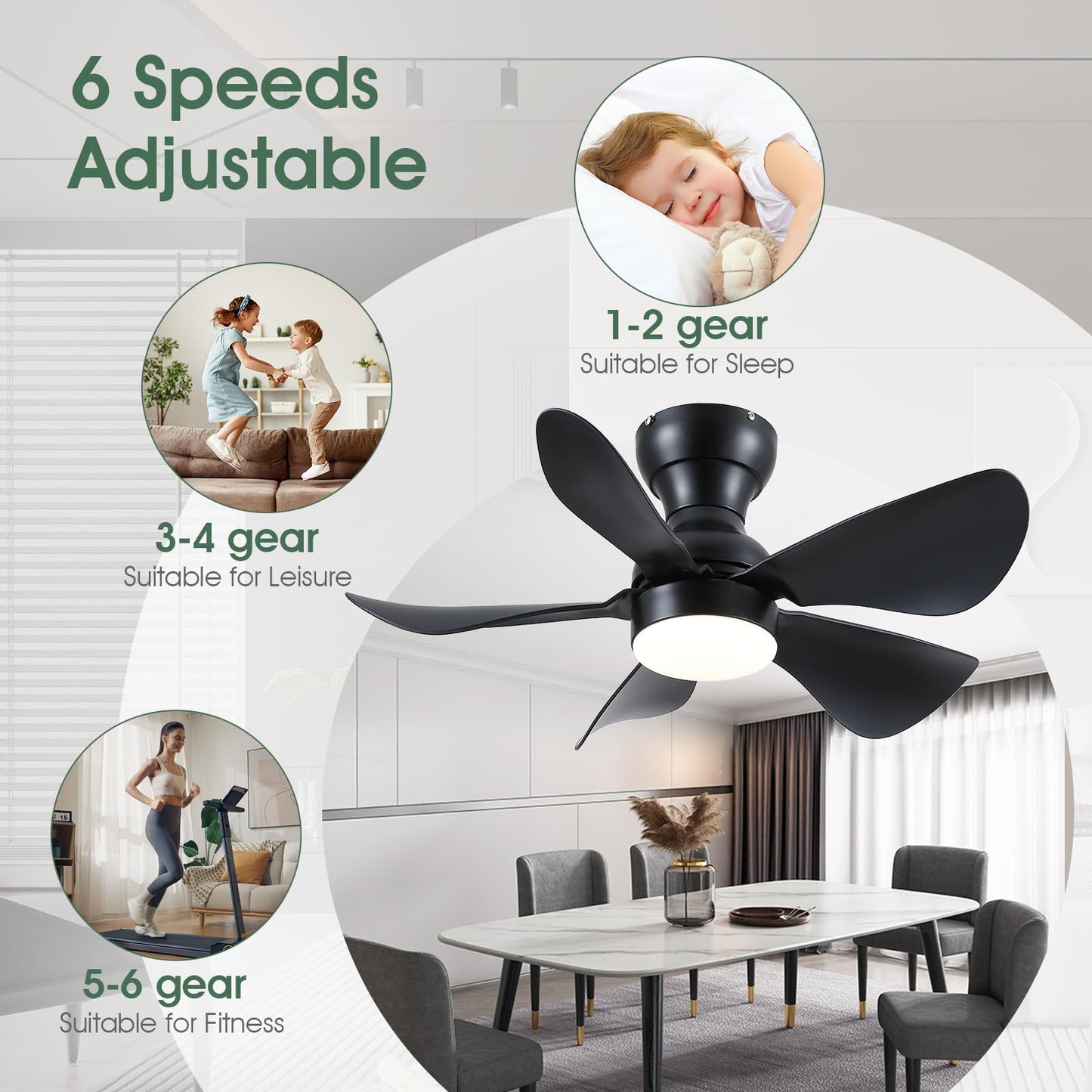 Ceiling Fans with Lights and Remote/APP Control, 30 inch Low Profile Ceiling Fans with 5 Reversible Blades 3 Colors Dimmable 6 Speeds Ceiling Fan for Bedroom Kids Room Dining Room, Black