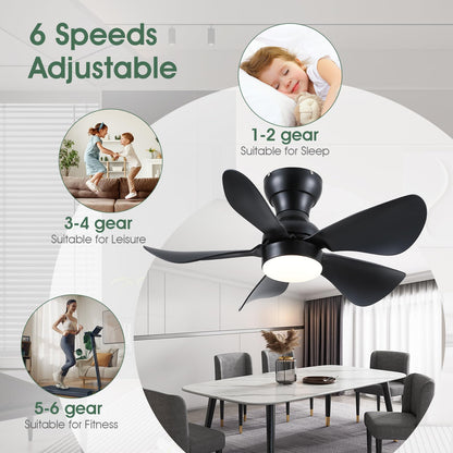 Ceiling Fans with Lights and Remote/APP Control, 30 inch Low Profile Ceiling Fans with 5 Reversible Blades 3 Colors Dimmable 6 Speeds Ceiling Fan for Bedroom Kids Room Dining Room, Black