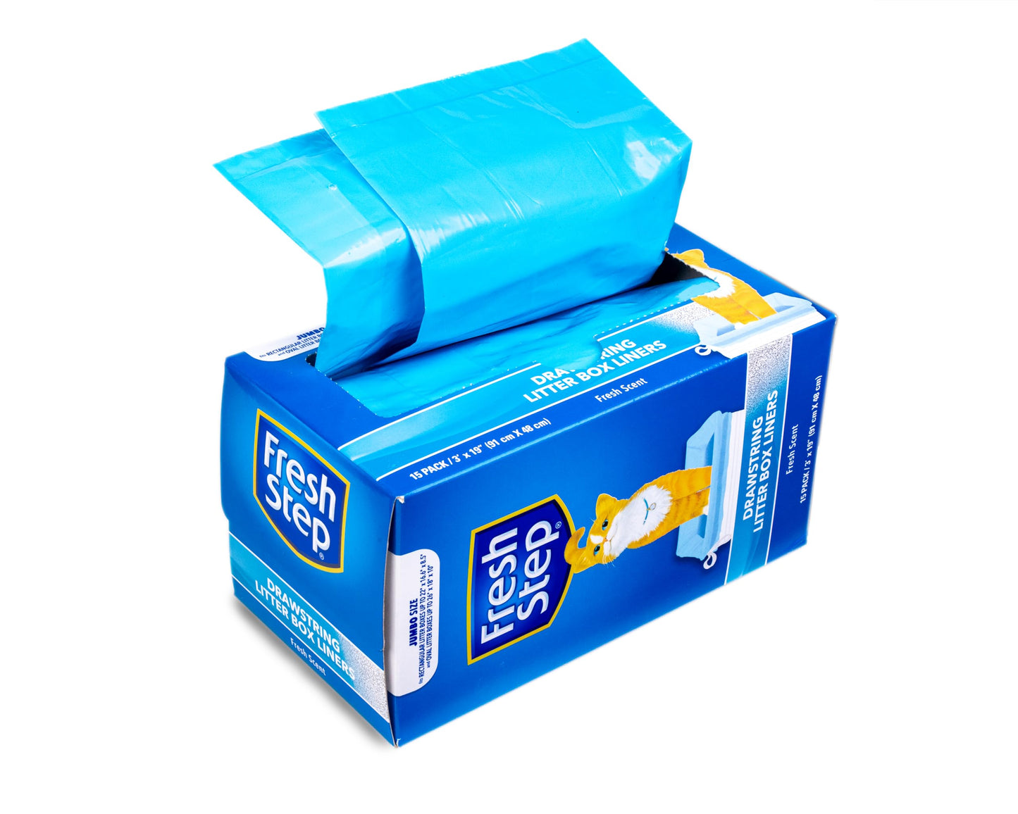 Fresh Step Drawstring Cat Litter Box Liners, Unscented, Size Jumbo, 36" x 19" | Kitty Litter Bags - 15 Count - Cat Litter Liners for Rectangle or Oval Large Litterboxes