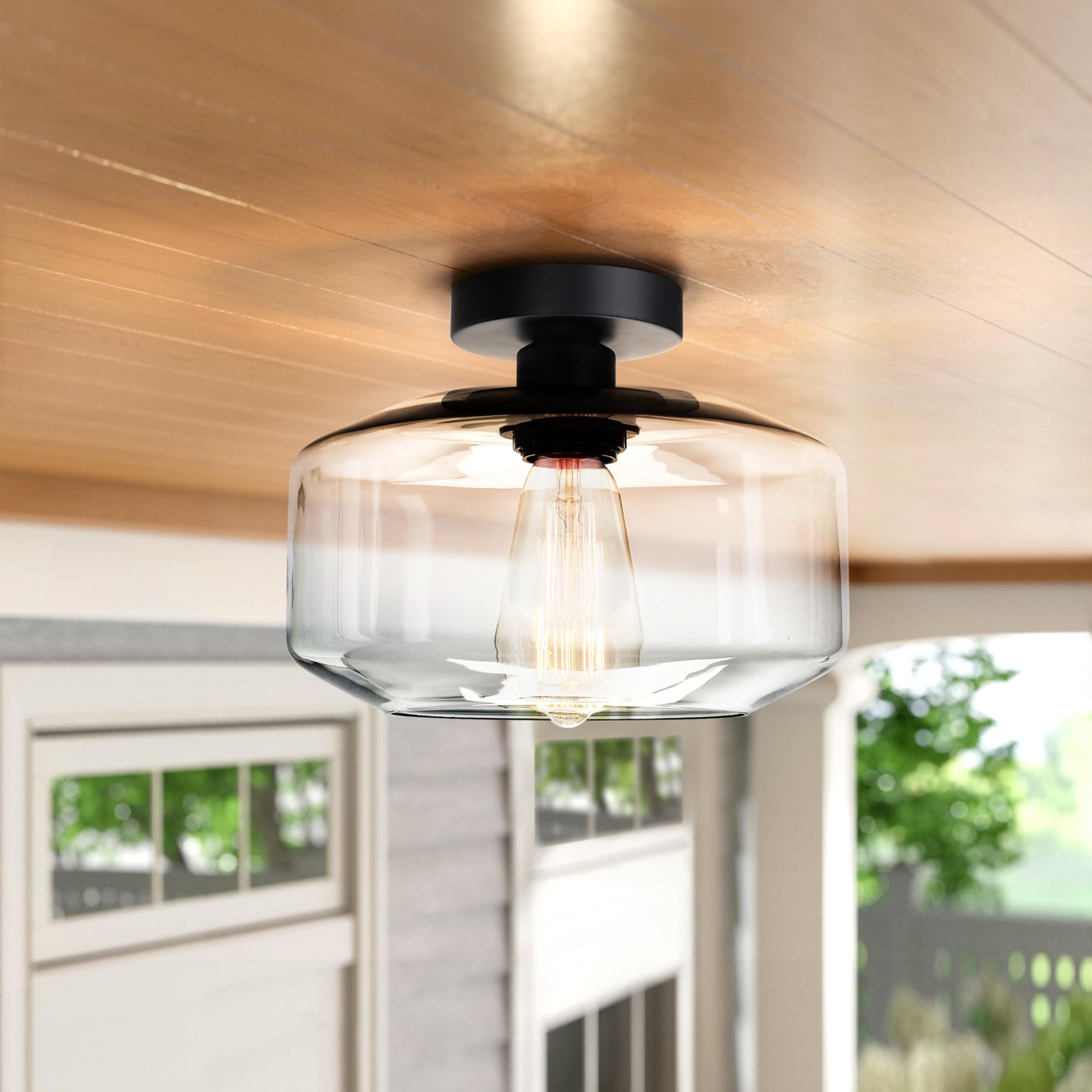 MAXvolador Industrial Semi Flush Mount Ceiling Light, Clear Glass Pendant Lamp Shade, Farmhouse Lighting for Hallway, Vintage Hanging Light Fixtures