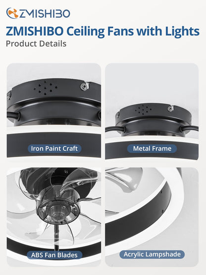 Ceiling Fans with Lights and Remote, 19.7'' Low Profile Ceiling Fan, 3000-6000K Dimmable Modern Flush Mount LED Fan Light, 6 Wind Speeds, Black Fandelier Ceiling Fans for Bedroom
