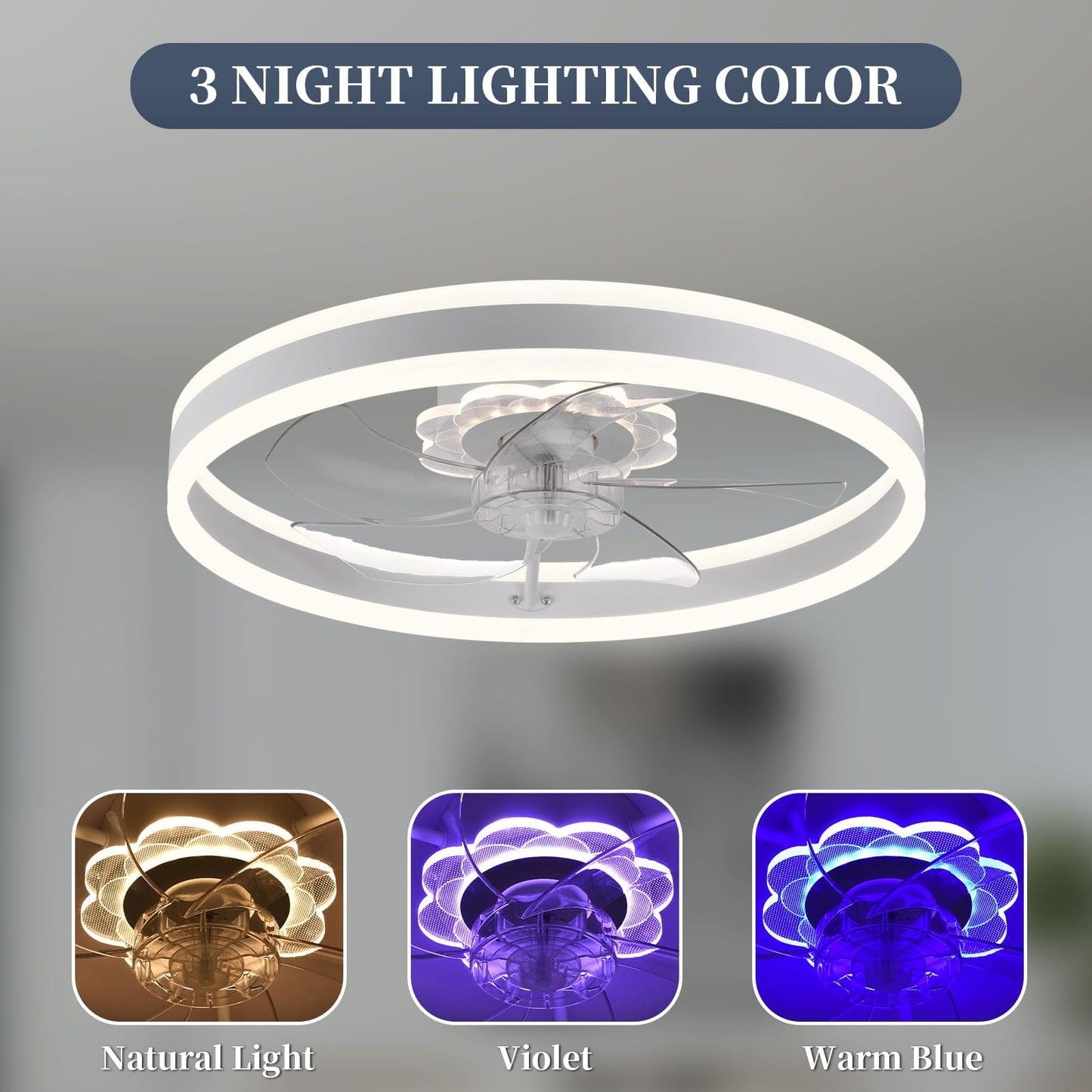 20‘’ Ceiling Fan with Light, Upgraded Low Profile Fan, Flush Mount Ceiling Fan, 6 Speeds, Dimmable LED, App & Remote Control, Quiet DC Motor, for Bedroom, Living Room, F115 White