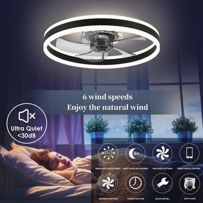20‘’ Ceiling Fan with Light, Upgraded Low Profile Fan, Flush Mount Ceiling Fan, 6 Speeds, Dimmable LED, App & Remote Control, Quiet DC Motor, for Bedroom, Living Room, F115 White