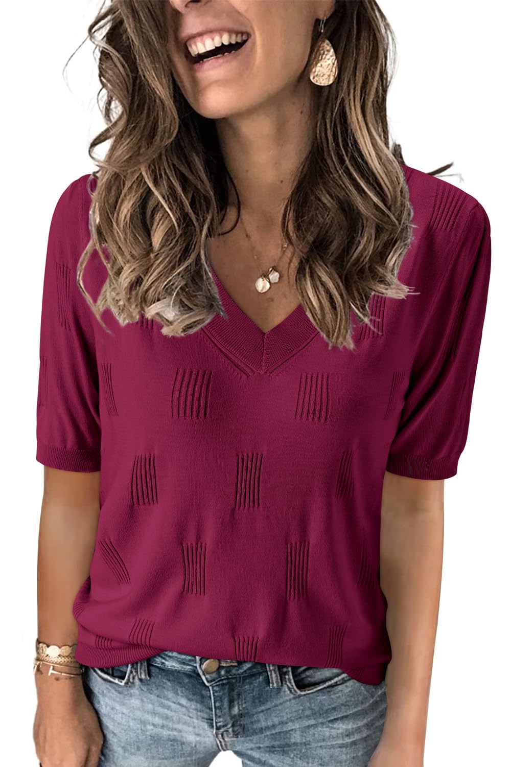 Arach&Cloz Women's Tops 2025 Spring Summer Short Sleeve Sweater Fashion Trendy Dressy Casual Outfit Versatile Knit Blouse