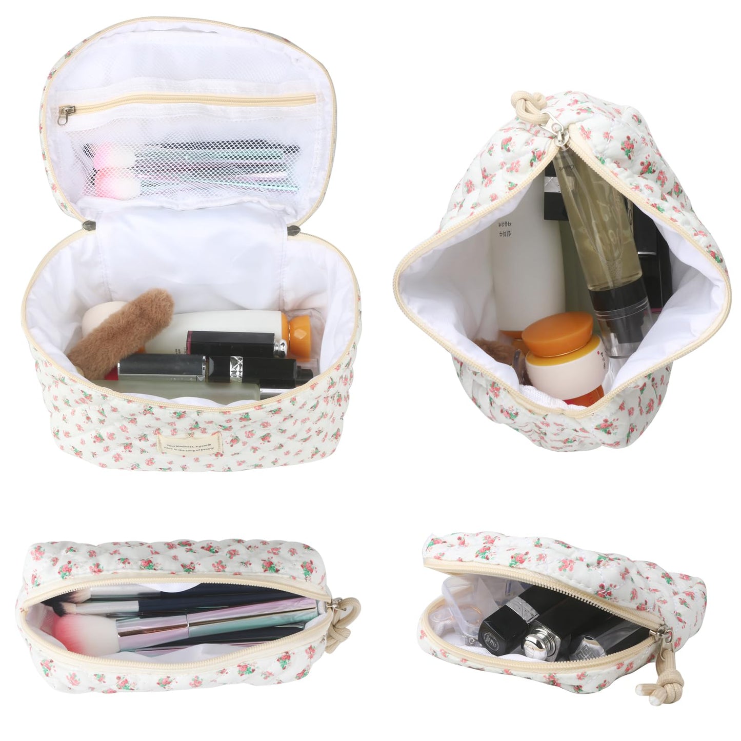 Cute Makeup Bag for Women(2 Pcs), Travel Cosmetic Bags, Quilted Coquette Aesthetic Floral Toiletry Organizer Bag (NavyBlue Flower)