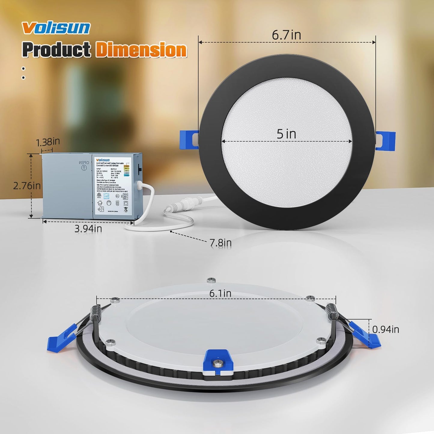 VOLISUN 24 Pack 4 inch Recessed Lighting, 5CCT LED Recessed Light with Junction Box, 2700K-5000K Selectable, 9.5W Eqv 80W, 810LM Dimmable Canless Wafer Downlight, LED Ceiling Light ETL Certificated