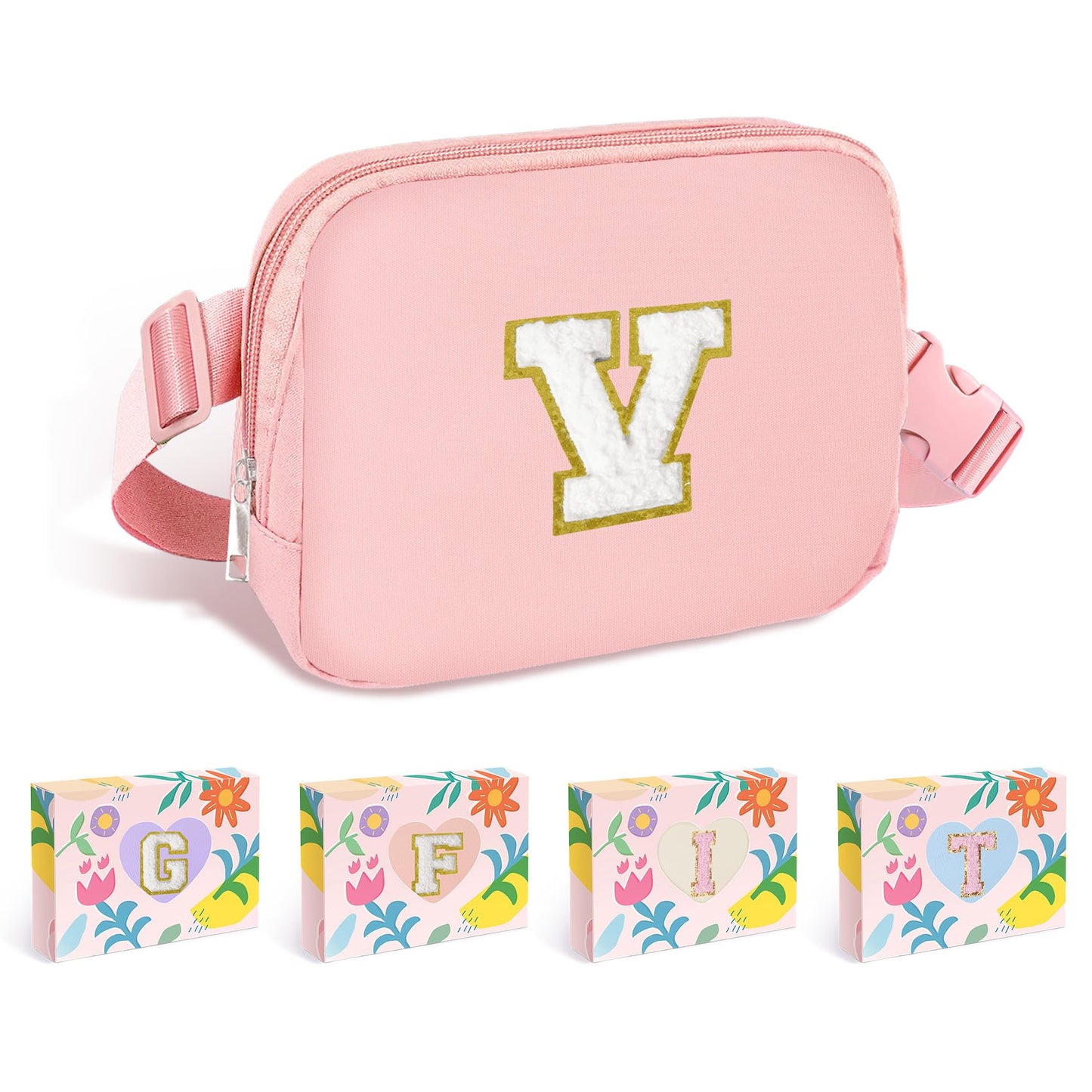 COSHAYSOO Pink Belt Bag Small Waist Fanny Pack Mini Crossbody Purse with Initial Preppy Letter Patch for Teen Girl Women Workout, Cross Body Chest Pouch Trending Birthday Gift Idea (S)