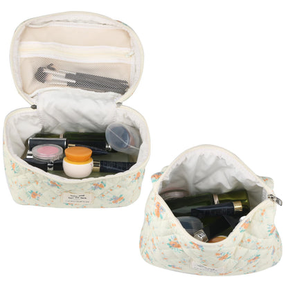 Cute Makeup Bag for Women(2 Pcs), Travel Cosmetic Bags, Quilted Coquette Aesthetic Floral Toiletry Organizer Bag (NavyBlue Flower)
