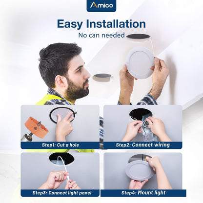 Amico 6 Pack 6 Inch 5CCT Ultra-Thin LED Recessed Ceiling Light with Junction Box, 2700K/3000K/3500K/4000K/5000K Selectable, 12W Eqv 110W 1050LM Brightness Dimmable Canless Wafer Downlight, ETL & FCC