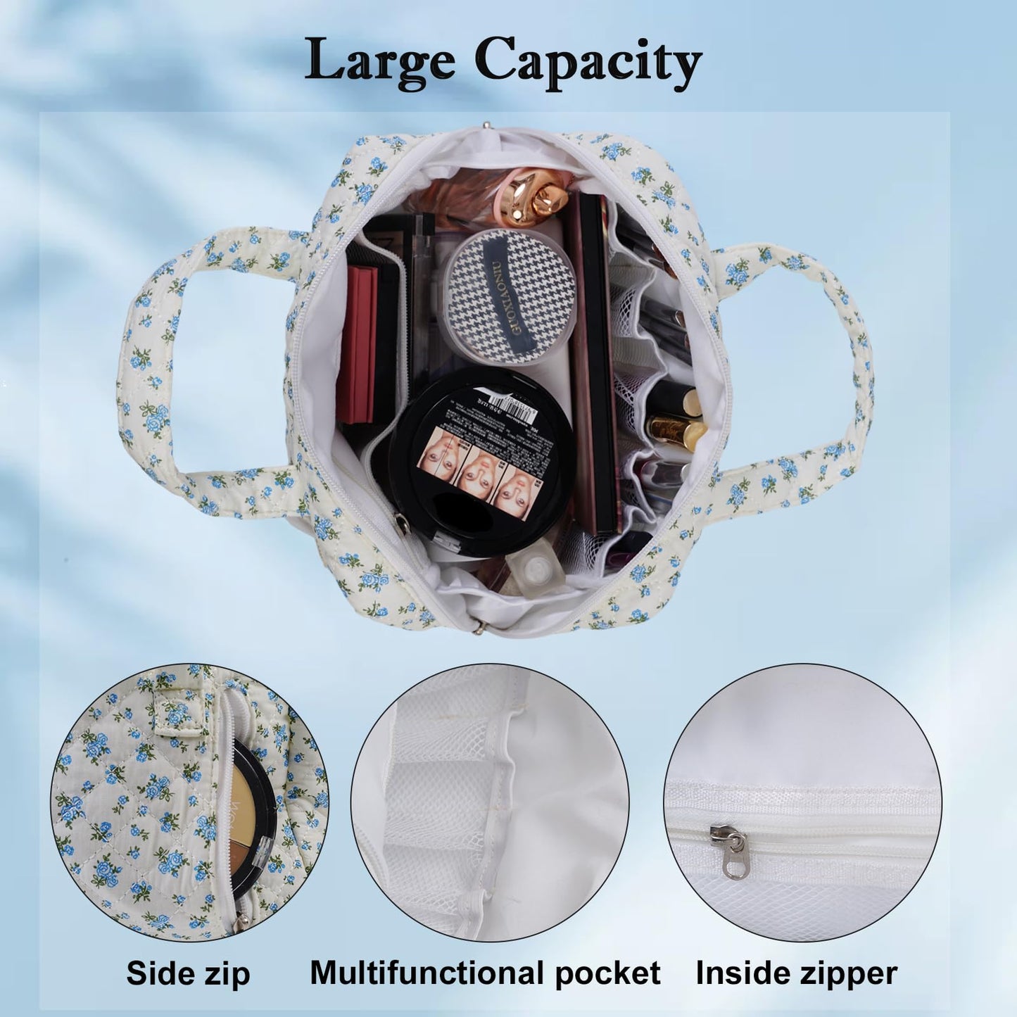 Cute Makeup Bag for Women(2 Pcs), Travel Cosmetic Bags, Quilted Coquette Aesthetic Floral Toiletry Organizer Bag (NavyBlue Flower)