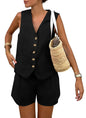 PRETTYGARDEN Women's Summer 2 Piece Outfits Sleeveless Matching Sets Button Down V Neck Vest Waistcoat and Pockets Shorts