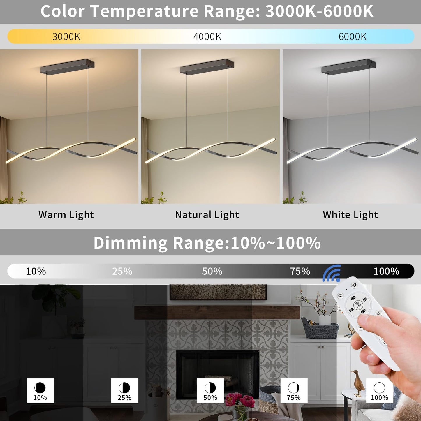 Modern LED Pendant Lights, 39in Chandelier Dimmable with Remote Control 3000k-6000K Adjustable Color Temperature, Aluminum Island Lighting Lamp Fixture for Kitchen, Dining Room, Billiard Room