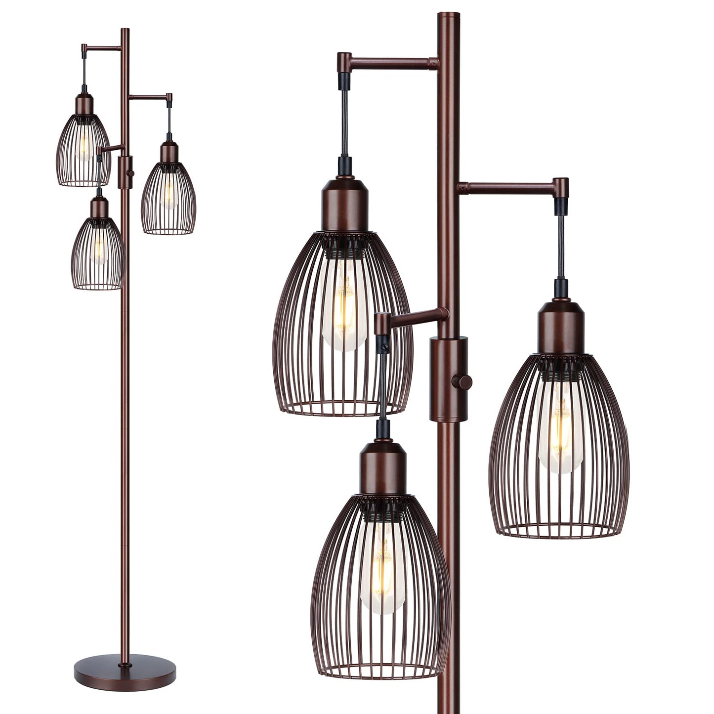 Dimmable Industrial Floor Lamps for Living Room, Gold Tree Standing Tall Lamps with 3 Elegant Teardrop Cage Head & 800 Lumens LED Bulbs for Bedroom Office