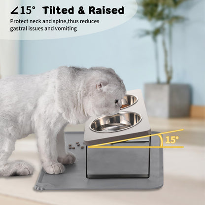 Upgraded Elevated Cat Bowls with Food Mat,15°Tilted Stand Anti Vomiting Raised Cat Dishes for Food and Water,2 Stainless Steel Bowls for Cats and Puppy