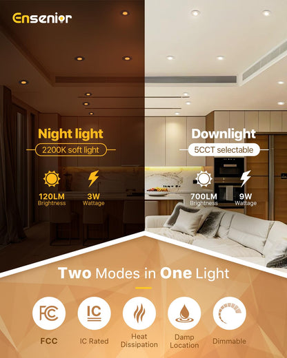 Ensenior 4 Pack 6 inch Gimbal Led Recessed Lighting with Night Light, 90° Rotatable and 2700K-5000K 5CCT Selectable, Dimmable Eyeball Recessed Lights, 1200LM, 12W=115W-FCC Certified