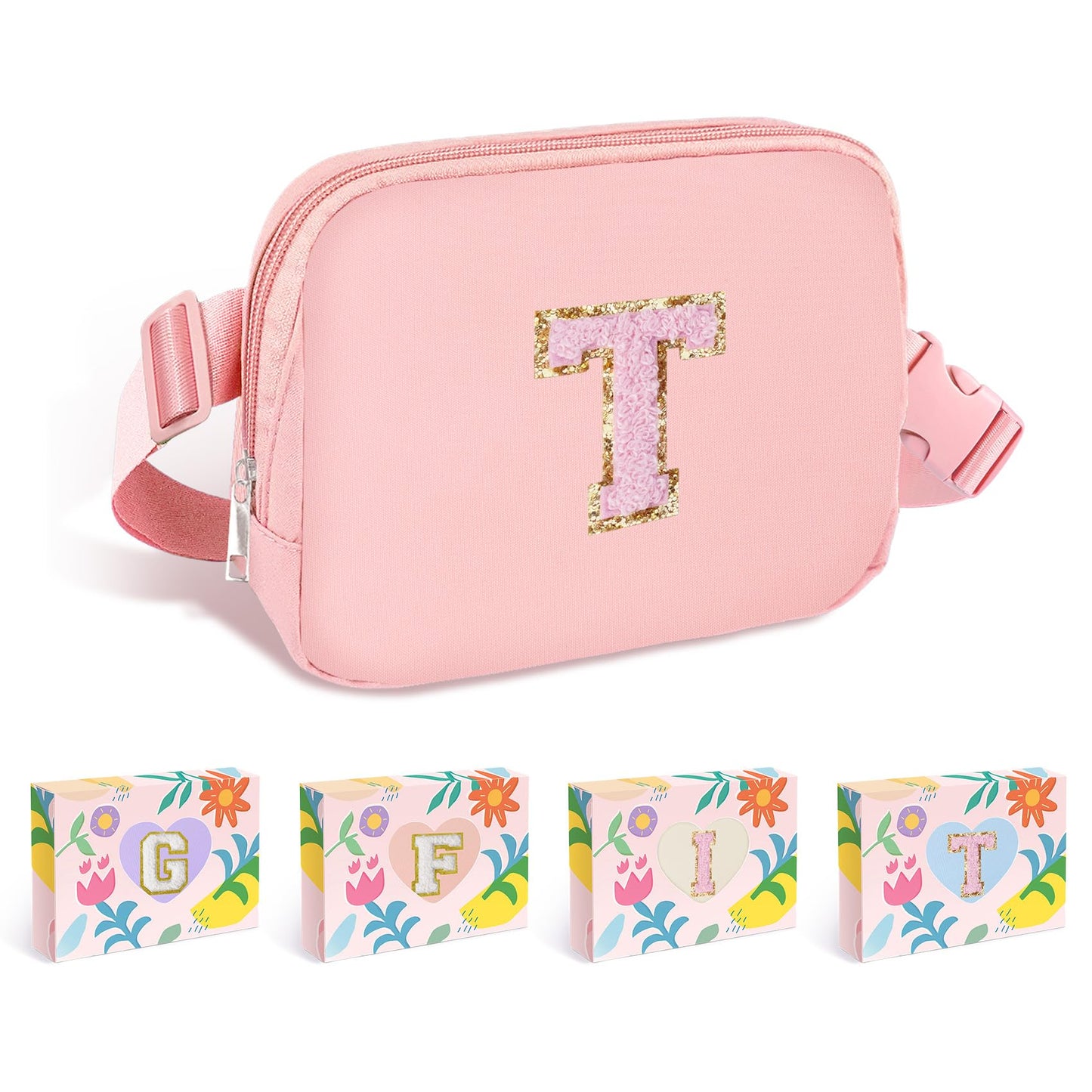 COSHAYSOO Pink Belt Bag Small Waist Fanny Pack Mini Crossbody Purse with Initial Preppy Letter Patch for Teen Girl Women Workout, Cross Body Chest Pouch Trending Birthday Gift Idea (S)