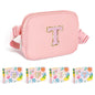 COSHAYSOO Pink Belt Bag Small Waist Fanny Pack Mini Crossbody Purse with Initial Preppy Letter Patch for Teen Girl Women Workout, Cross Body Chest Pouch Trending Birthday Gift Idea (S)